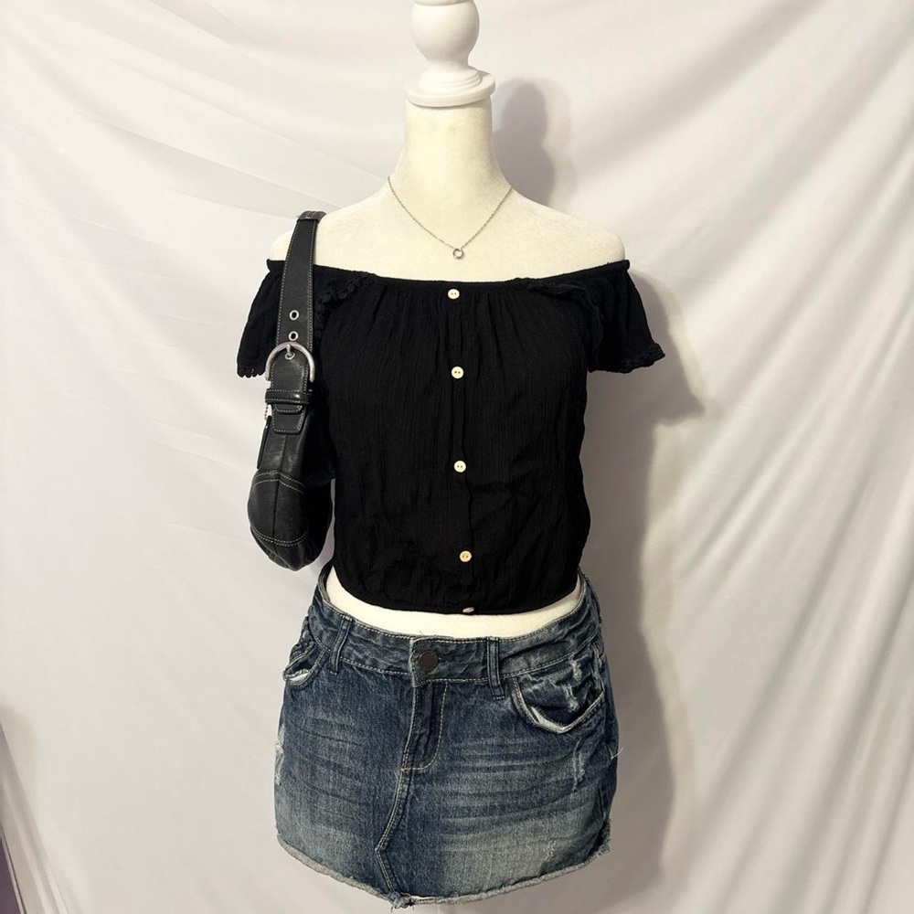 Black Off-Shoulder Button-Front Top